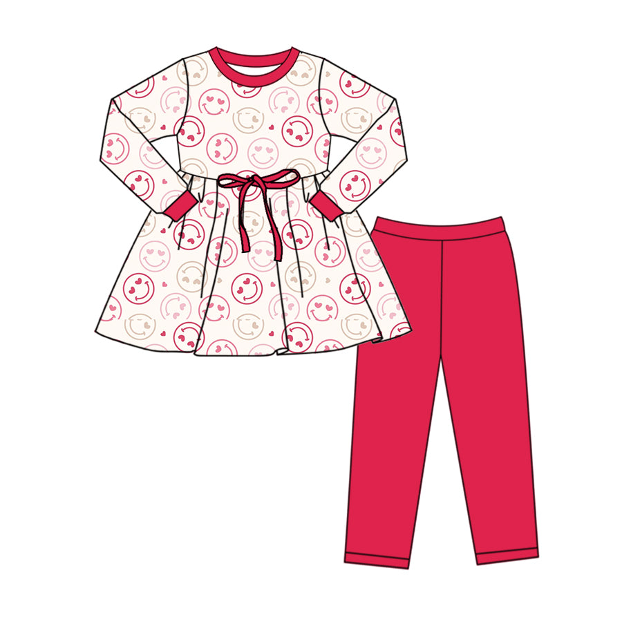 (Custom Design Preorder MOQ 5) Heart Smiling Face Tunic Top Red Pants Girls Valentine's Day Clothes Set