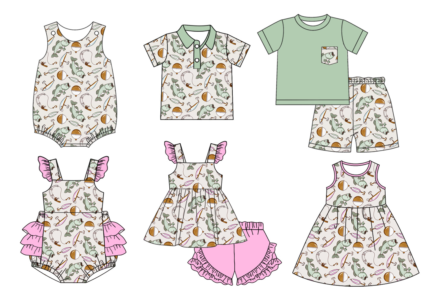 11.11(Custom Design Preorder MOQ 5 Each Design) Fishing Print Kids Summer Matching Clothes Sibling Wear