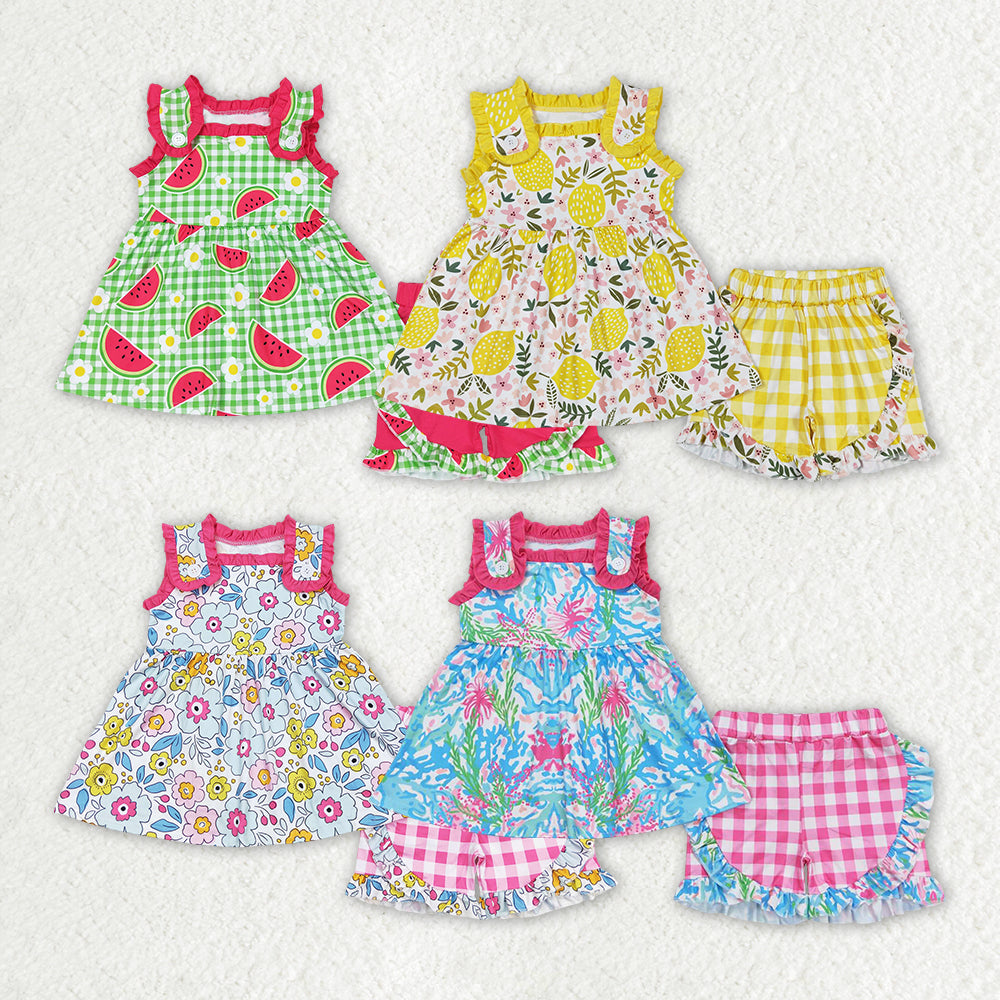 Flowers Tunic Top Plaid Shorts Girls Summer Clothes Set Sisters Wear