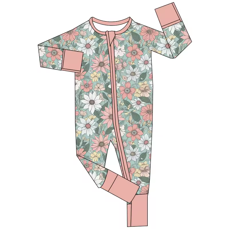 (Custom Design Preorder MOQ 5) Flowers Print Baby Girls Fall Zipper Sleeper Romper
