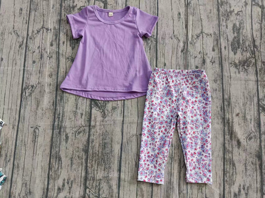 (Custom Design Preorder MOQ 5) Purple Top Flowers Legging Pants Girls Clothes Set
