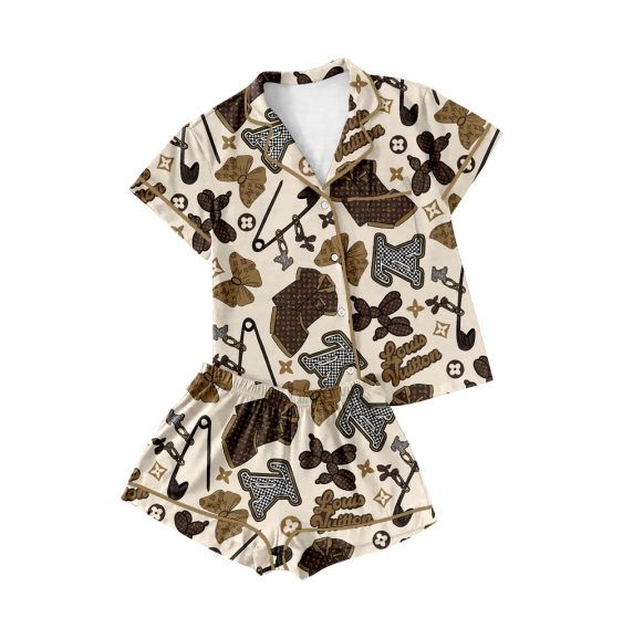 (Custom Design Preorder MOQ 5) L* V* Brown Bows Print Girls Summer Buttons Pajamas Clothes Set
