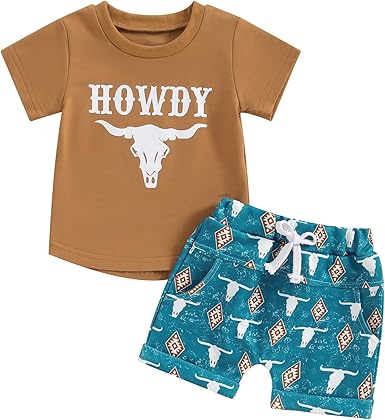 (Custom Design Preorder MOQ 5) Howdy Brown Top Blue Shorts Boys Summer Western Clothes Set