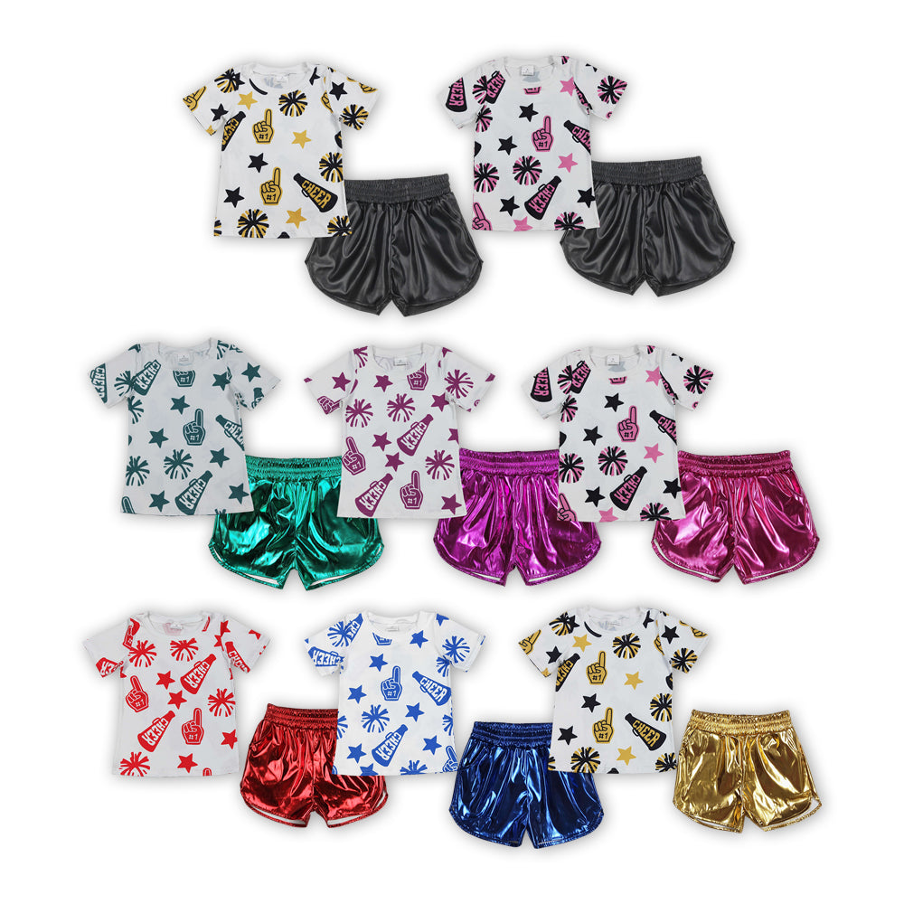 8 Colors Cheer Top Pleather Shorts Girls Summer Clothes Set Sisters Wear