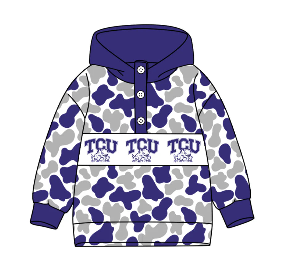 (Custom Design Preorder MOQ 5) Team's TCU Horned Frogs Camo Print Kids Long Sleeve Buttons Hoodie Top