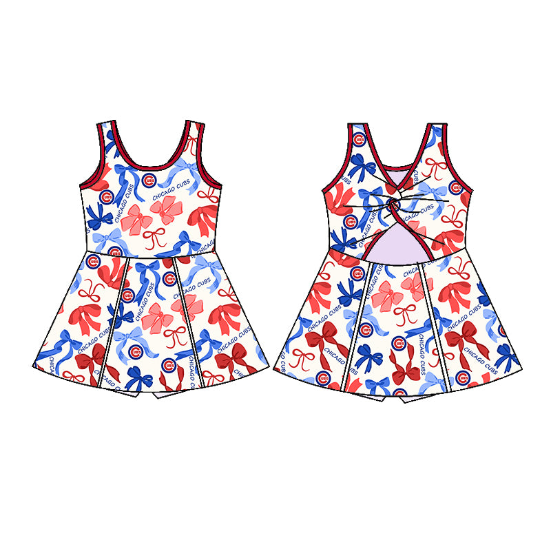 (Custom Design Preorder MOQ 5 Each Color) Team's CHICAGO CUBS Bows Print Girls Summer Clothes Sisters Matching Wear