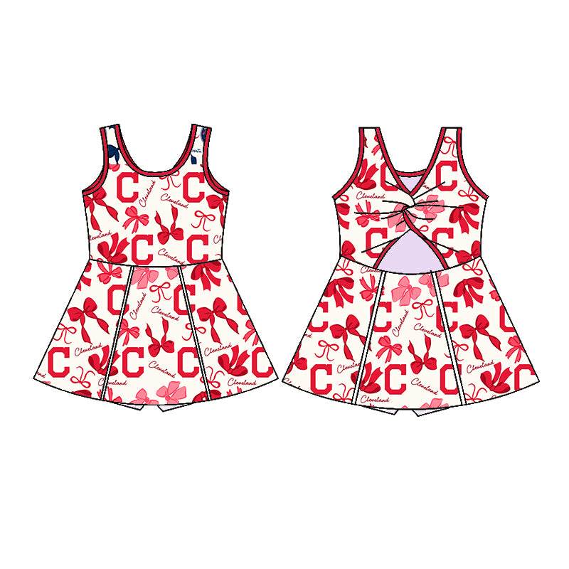 (Custom Design Preorder MOQ 5 Each Color) Team's CLEVELAND Bows Print Girls Summer Clothes Sisters Matching Wear