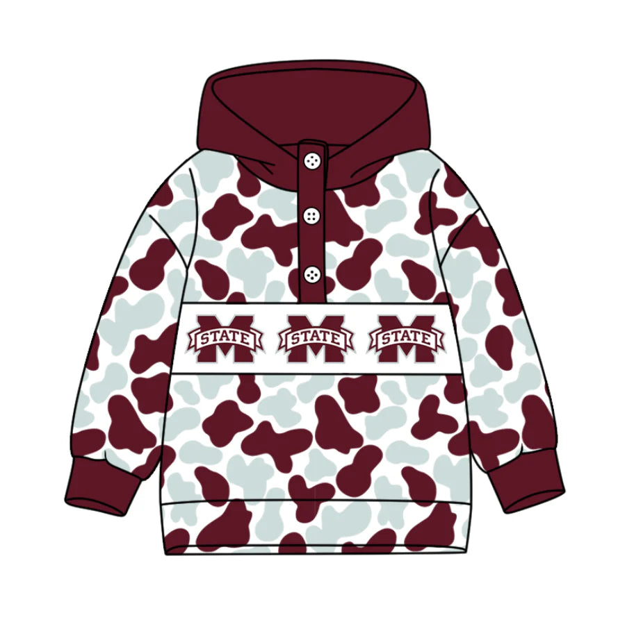 (Custom Design Preorder MOQ 5) Team's Mississippi State Camo Print Kids Long Sleeve Buttons Hoodie Top