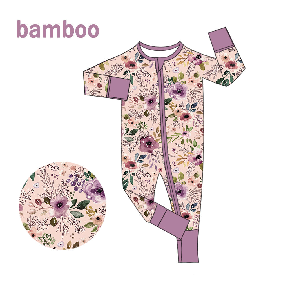 (Custom Design Preorder MOQ 20) Purple Flowers Print Baby Girls Long Sleeve Bamboo Sleeper Zipper Romper