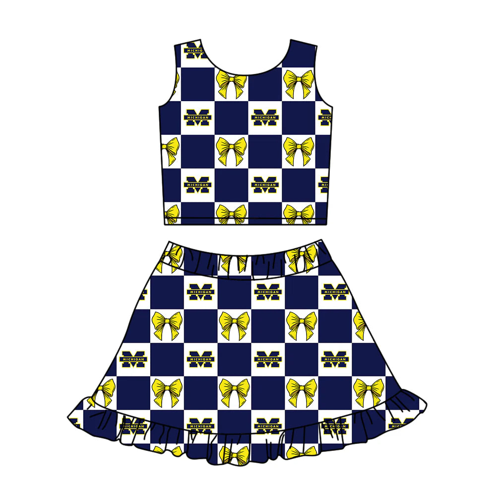 (Custom Design Preorder MOQ 5 Each Color) Team's Michigan Bows Plaid Print Girls Summer Clothes Sisters Matching Wear