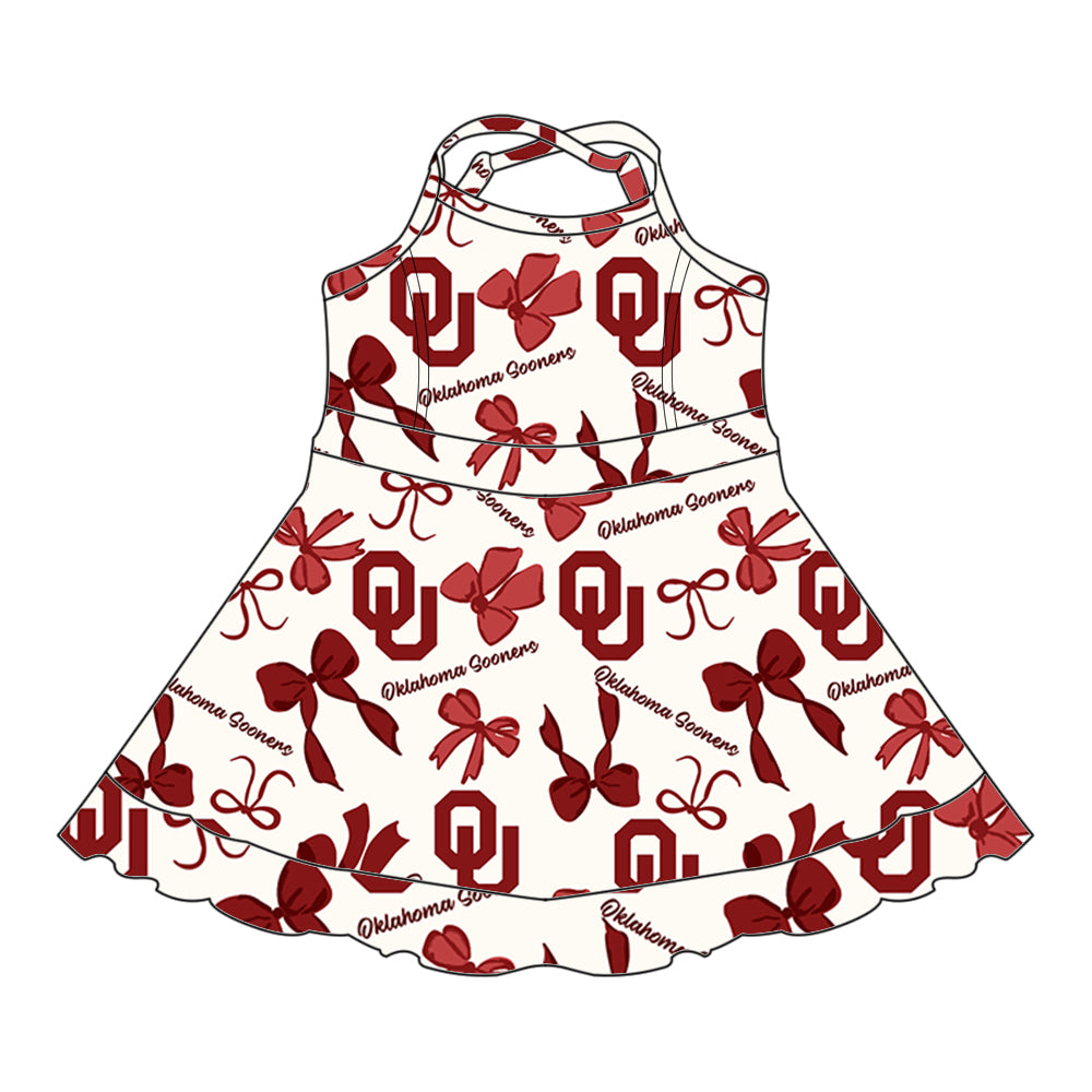 (Custom Design Preorder MOQ 5 Each Color) Team's Oklahoma Sooners Bows Print Girls Summer Clothes Sisters Matching Wear