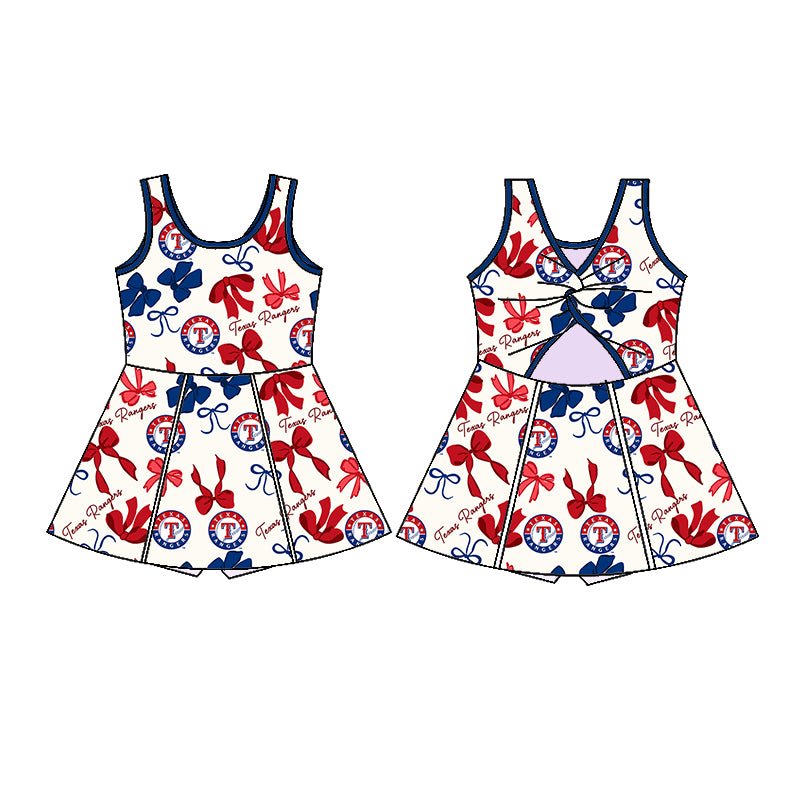 (Custom Design Preorder MOQ 5 Each Color) Team's TEXAS RANGERS Bows Print Girls Summer Clothes Sisters Matching Wear