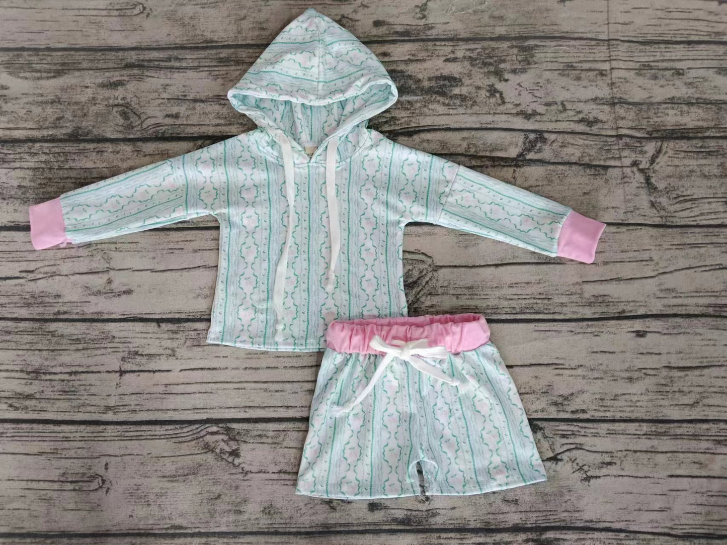 (Custom Design Preorder MOQ 5) Green Flowers Cherry Print Girls 2 Pieces Long Sleeve Hoodie Swimsuits