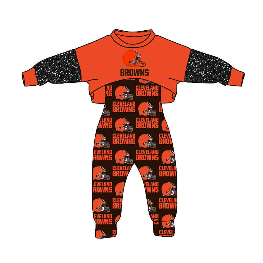 (Custom Design MOQ 5) NO.8 Orange Football Team's Print Girls Jumpsuits Clothes Set