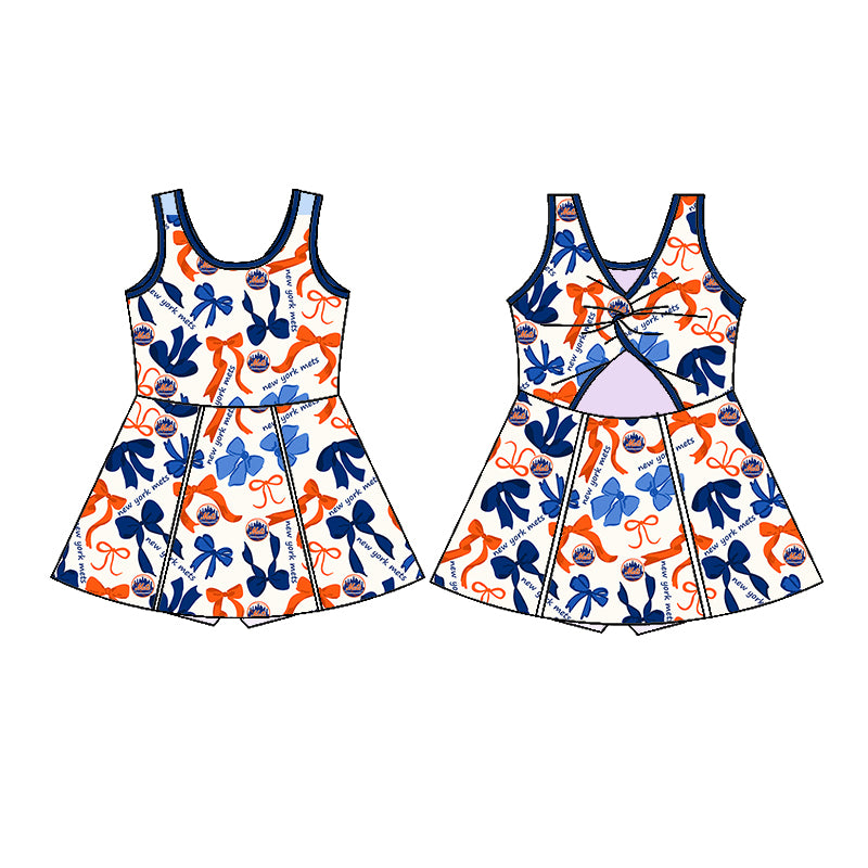 (Custom Design Preorder MOQ 5 Each Color) Team's NEW YORK METS Bows Print Girls Summer Clothes Sisters Matching Wear