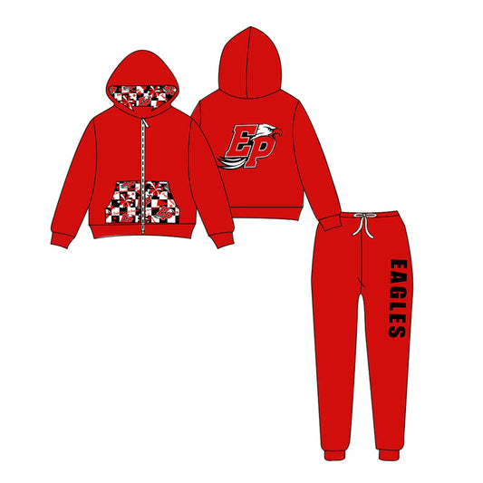(Custom Design Preorder MOQ 5) Team's EAGLES Zipper Hoodie Top Red Pants Kids Fall Clothes Set