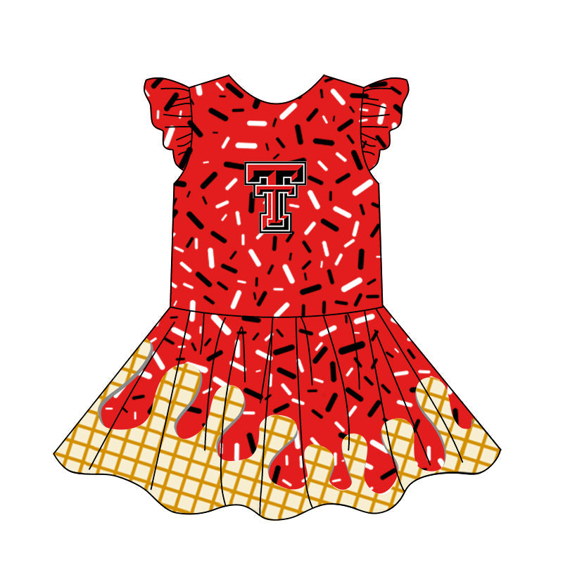 (Custom Design Preorder MOQ 5) Team's Red Sprinkles Print Girls Summer Knee Length Dress