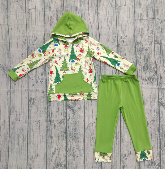 (Custom Design Preorder MOQ 5) Green Frog Tree Hoodie Top Green Pants Boys Christmas Clothes Set