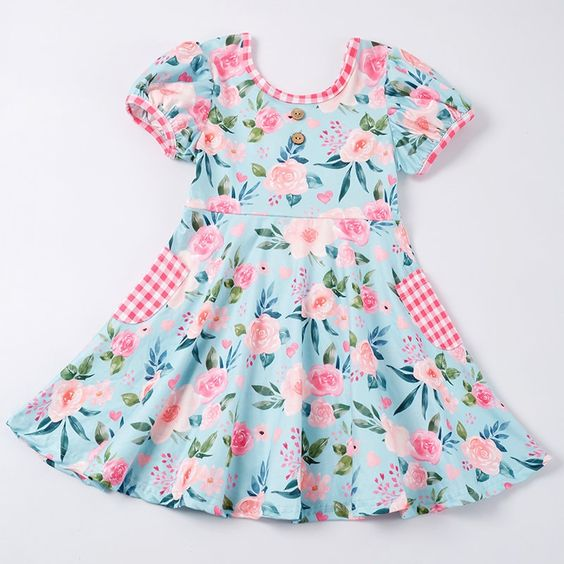 (Custom Design Preorder MOQ 5) Flowers Print Pockets Girls Knee Length Summer Dress