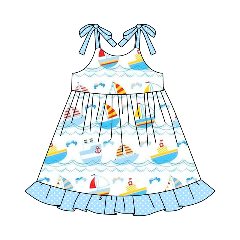 (Custom Design Preorder MOQ 5) Blue Sailboat Print Girls Knee Length Summer Dress