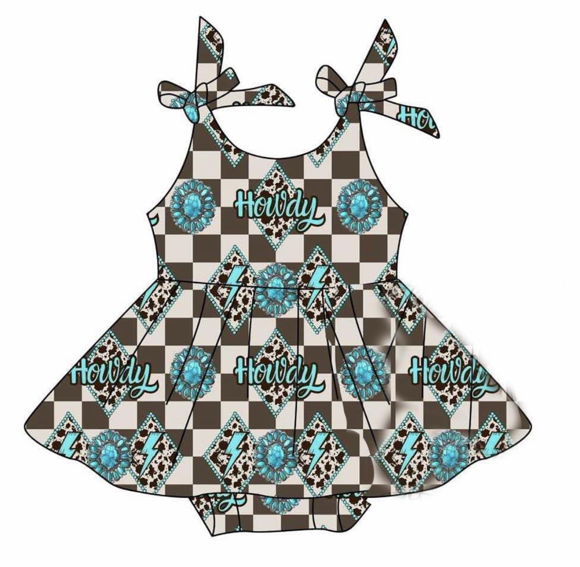 (Custom Design Preorder MOQ 5) Howdy Turquoise Plaid Print Western Baby Girls Summer Skirted Romper