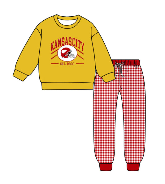 (Custom Design Preorder MOQ 5) Team's KANSASCITY Top Plaid Pants Boys Fall Clothes Set