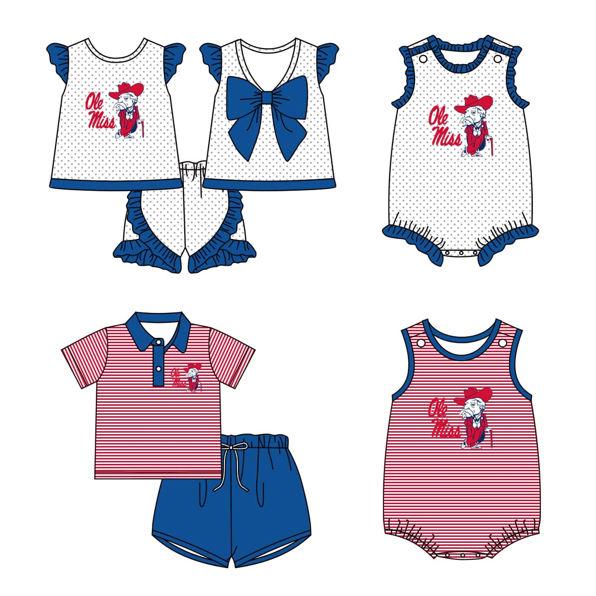 (Custom Design Preorder MOQ 5 Each Design) Team's Ole Miss Print Kids Summer Matching Clothes Sibling Wear