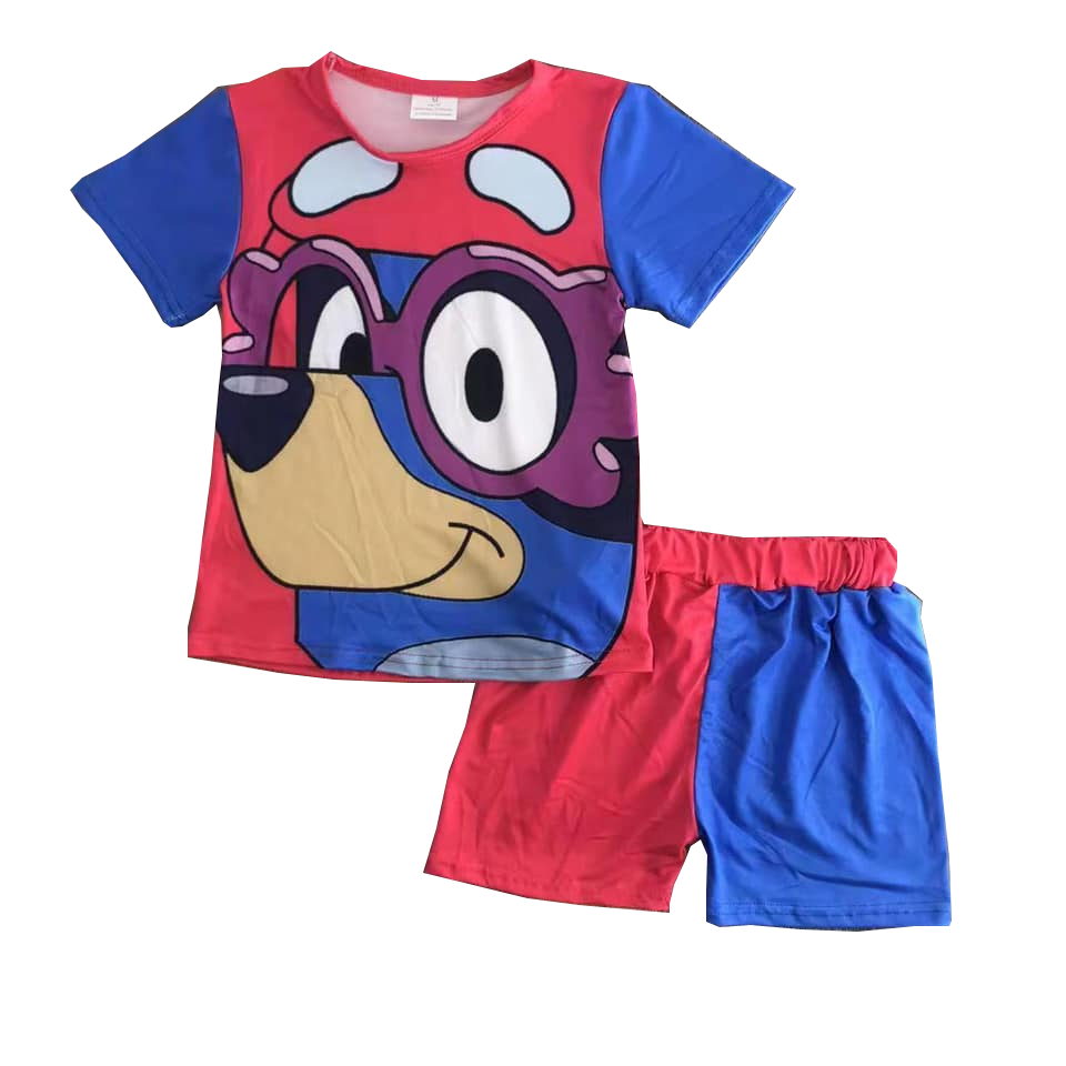 (Custom Design Preorder MOQ 5) Cartoon Dog Red Print Kids Summer Clothes Set
