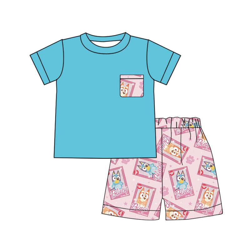 (Custom Design Preorder MOQ 5) Blue Pocket Top Cartoon Dog Shorts Boys Summer Clothes Set