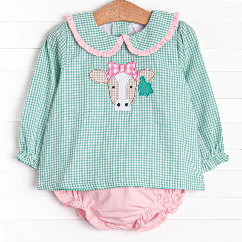 (Custom Design Preorder MOQ 5) Cows Green Plaid Print Baby Girls Bummie Set