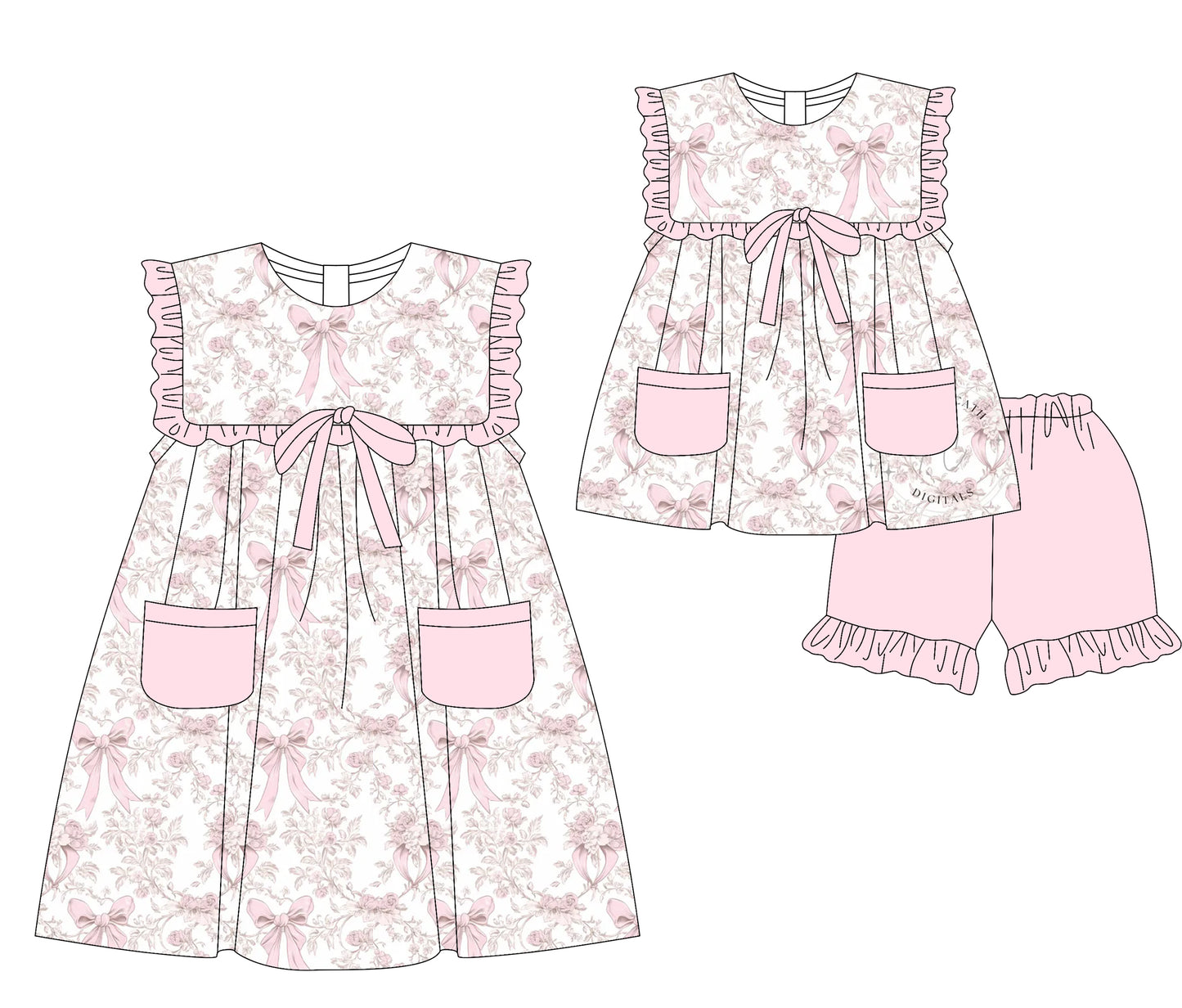 3.5(Custom Design Preorder MOQ 5 Each Design) Pink Flowers Bows Print Pockets Girls Summer Matching Clothes Sisters Wear