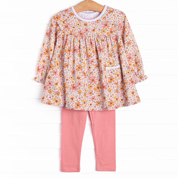 (Custom Design Preorder MOQ 5) Flowers Pocket Tunic Top Pink Pants Girls Clothes Set
