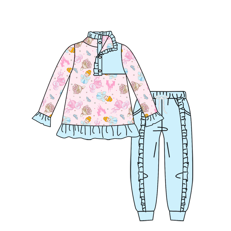 11.16(Custom Design Preorder MOQ 5) Cartoon Princess Flowers Pullover Top Blue Pants Girls Fall Clothes Set
