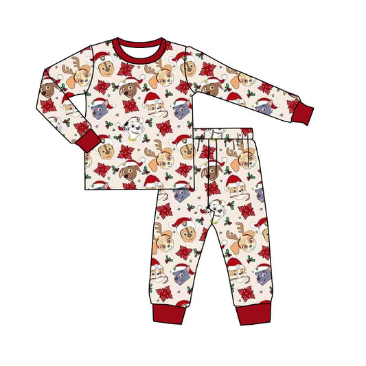 (Custom Design Preorder MOQ 20)  Cartoon Dog Print Kids Christmas Bamboo Pajamas Clothes Set