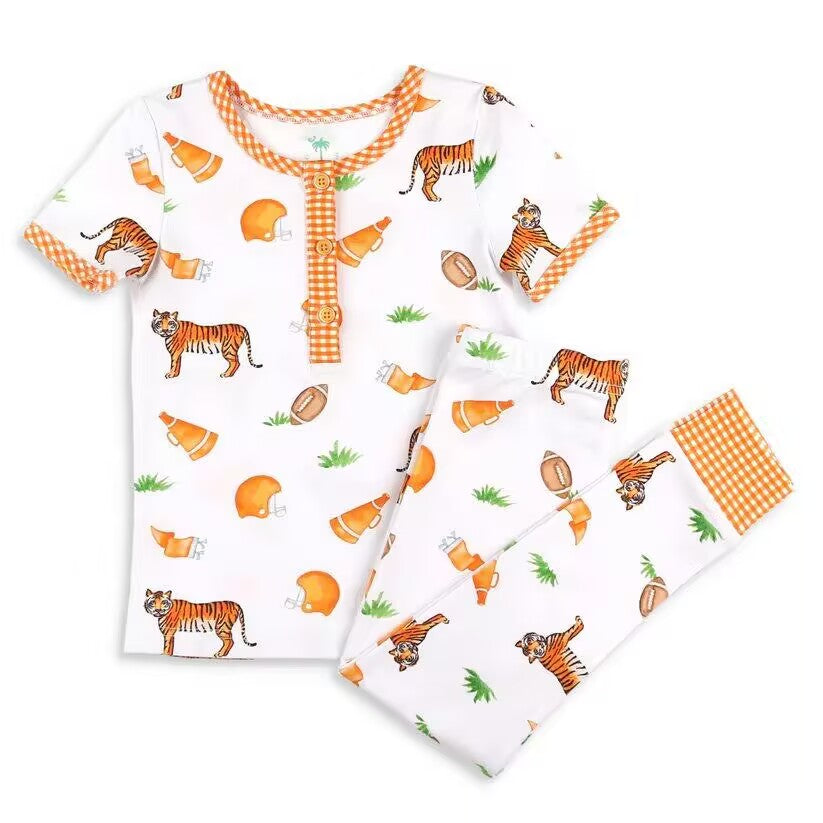 (Custom Design Preorder MOQ 5) Tiger Football Orange Plaid Print Kids Pajamas Clothes Set