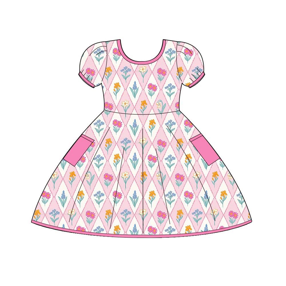 (Custom Design Preorder MOQ 5) Colorful Flowers Print Pockets Girls Summer Knee Length Dress