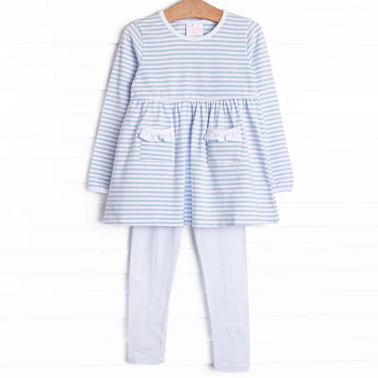 (Custom Design Preorder MOQ 5) Blue Stripes Pocket Tunic Top Legging Pants Girls Fall Clothes Set