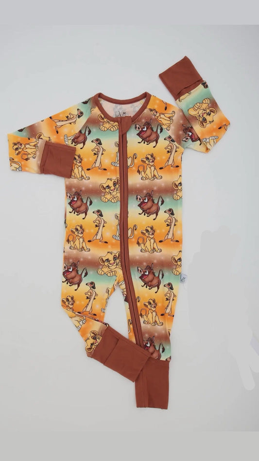 (Custom Design Preorder MOQ 20)  Cartoon Lion Print Baby Bamboo Fall Sleeper Zipper Romper