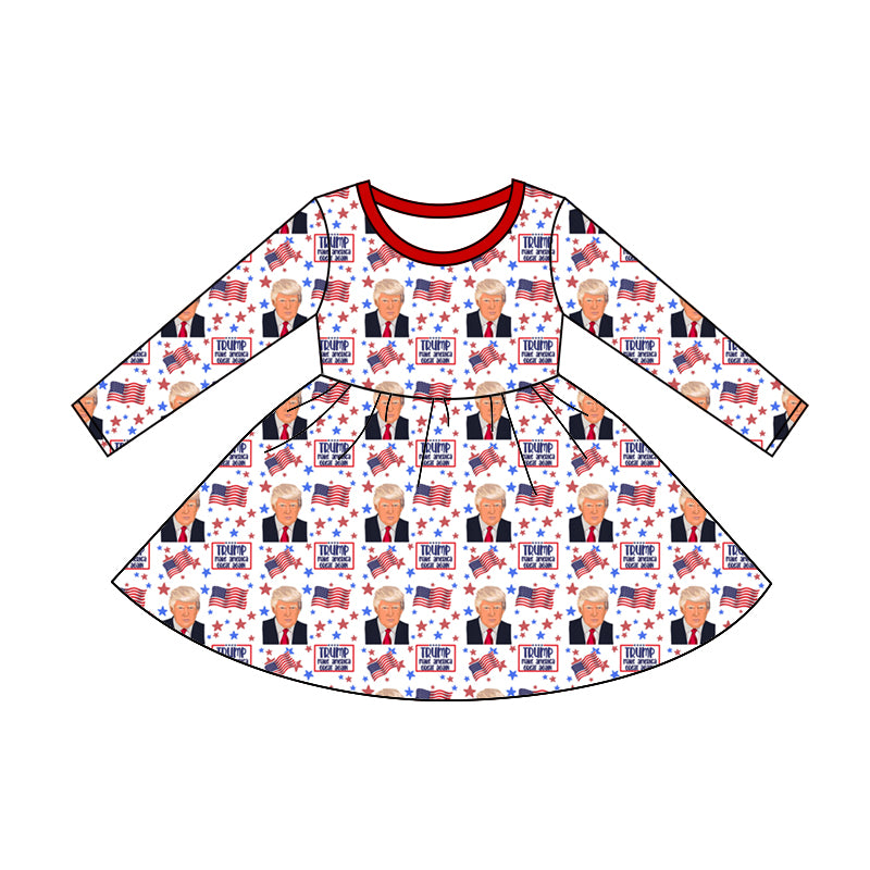 (Custom Design Preorder MOQ 5 ) Trump Flag Print Girls Knee Length Dress