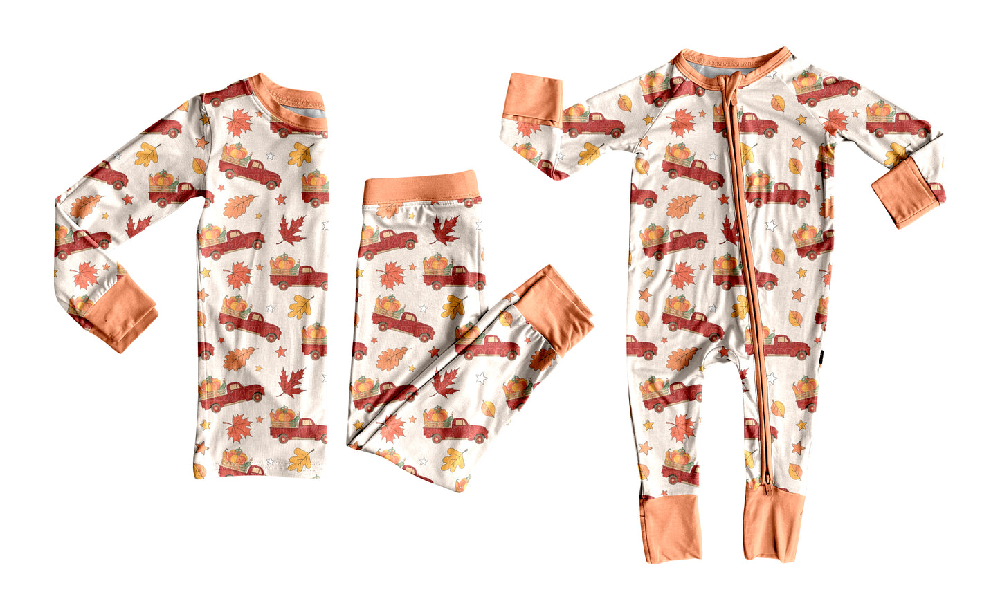 5.24(Custom Design Preorder MOQ 5 Each Design) Trucks Pumpkin Print Girls Fall Pajamas Matching Clothes Sisters Wear