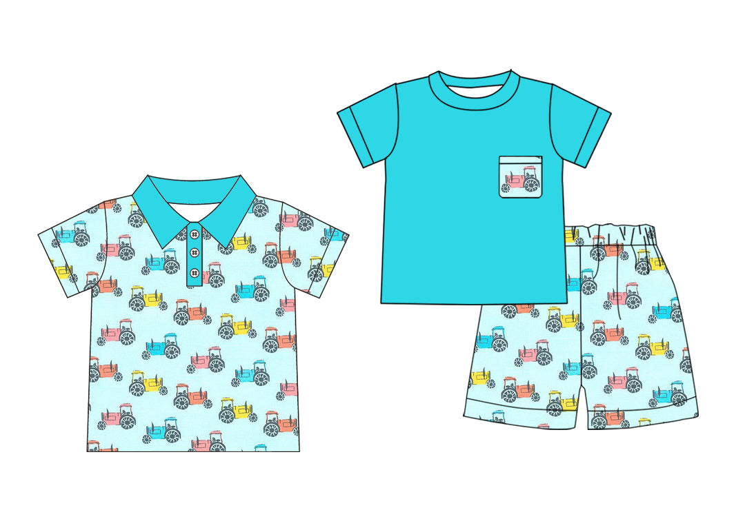 3.31(Custom Design Preorder MOQ 5 Each Design) Tractors Print Boys Summer Matching Clothes Brothers Wear