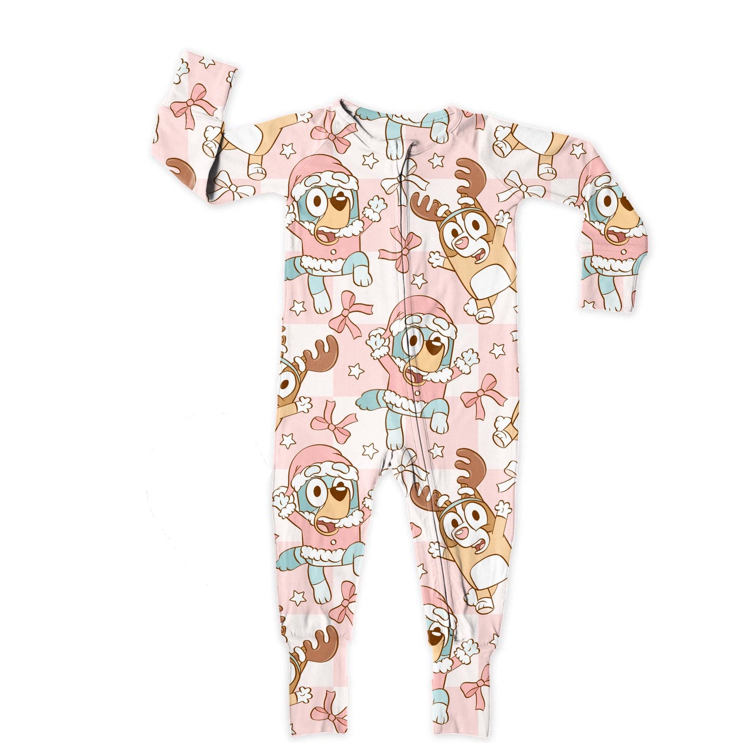 (Custom Design Preorder MOQ 20) Cartoon Dog Print Baby Girls Christmas Bamboo Sleeper Zipper Romper