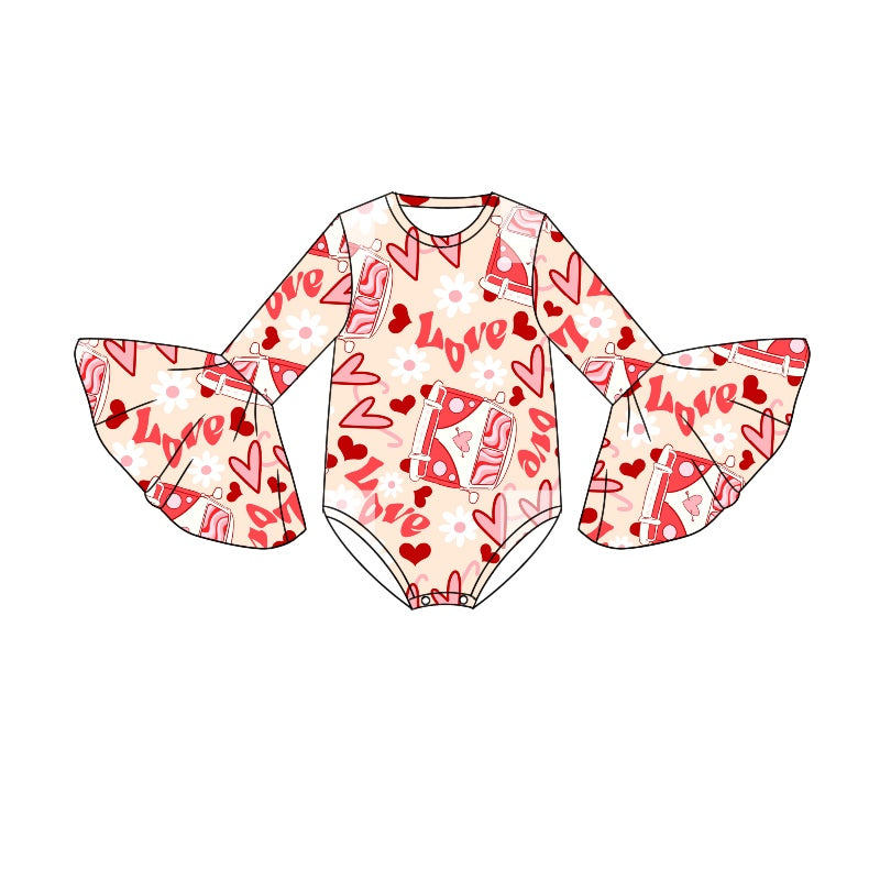 (Custom Design Preorder MOQ 5) Pink Heart Bus Print Baby Girls Valentine's Romper