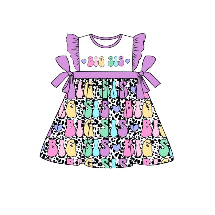 (Custom Design Preorder MOQ 5) BIG SIS Purple Print Girls Summer Knee Length Dress
