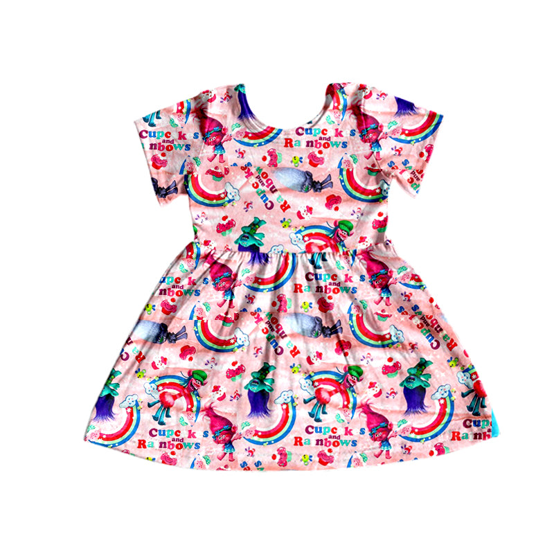 (Custom Design Preorder MOQ 5) Cartoon Hair Monster Rainbow Print Girls Knee Length Dress