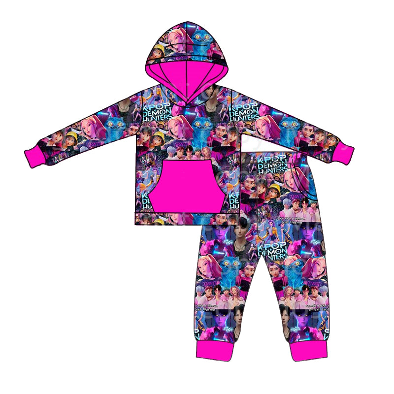 (Custom Design Preorder MOQ 5 Each Item) Cartoon KPOP Character Hot Pink Print Girls Matching Clothes