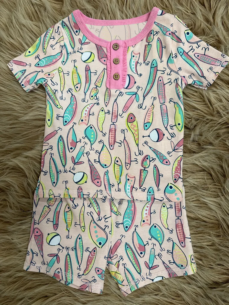 (Split Order Preorder) Deadline Aug 26 Fishing Print Shorts Girls Summer Pajamas Clothes Set