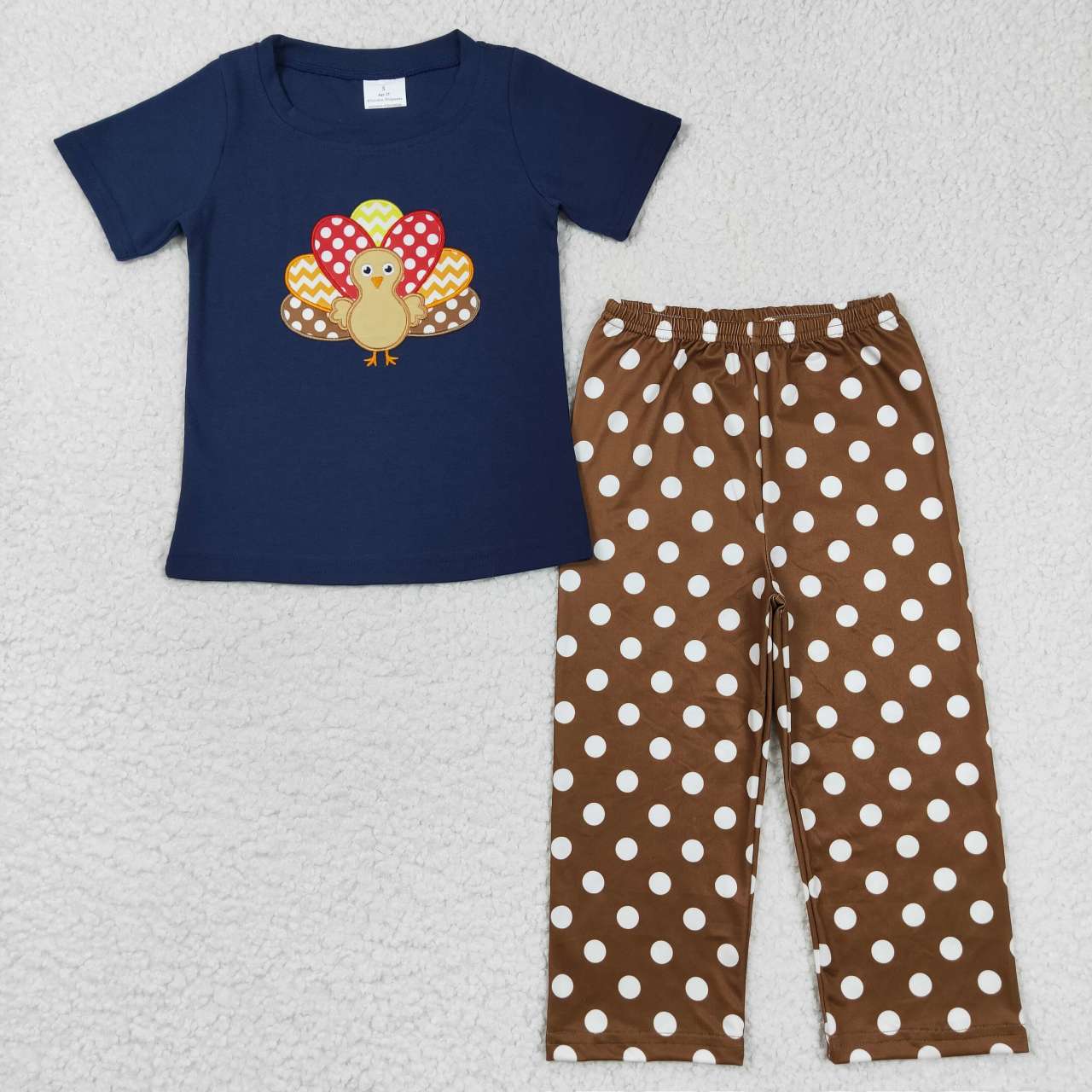 Turkey Embroidery Navy Color Brown Dots Print Sibling Thanksgiving Matching Clothes