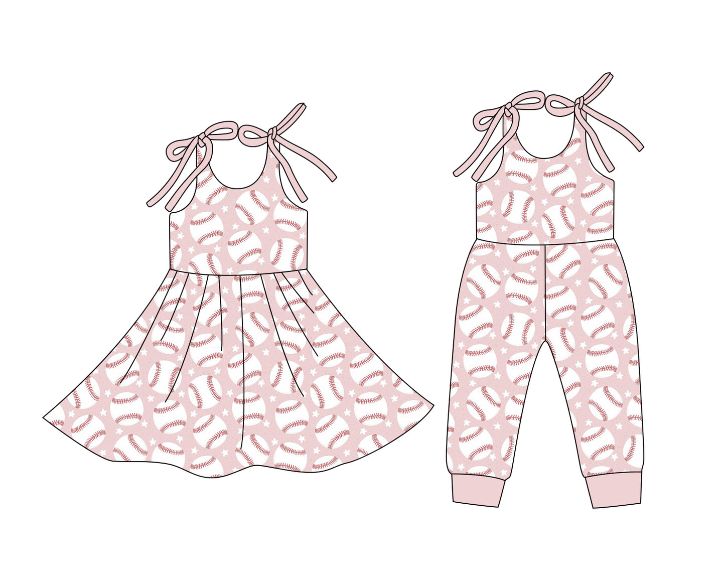 12.24 (Custom Design Preorder MOQ 5 Each Design) Baseball Stars Print Girls Summer Matching Clothes Sisters Wear