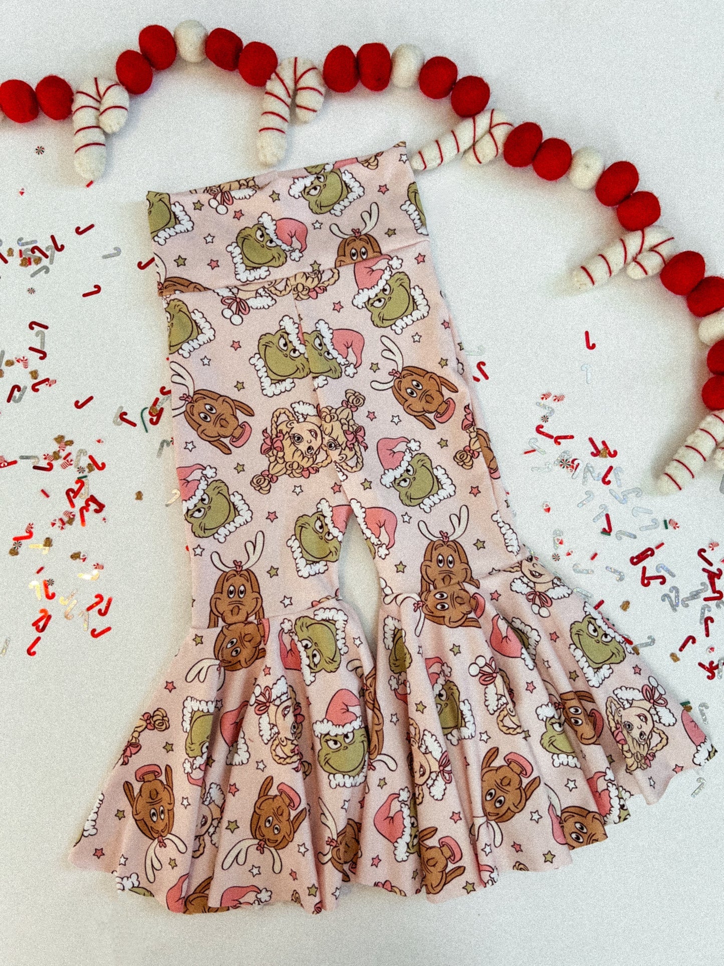 (Custom Design Preorder MOQ 5) Green Frog Print Girls Christmas Bell Bottom Pants